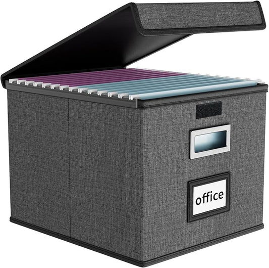 File Organizer Box with Lid, Collapsible File Folder Organizer for Office Document Storage, Filing Box with Plastic Slide for Letter Size Hanging File Folders(1 Pack, Dark Grey)