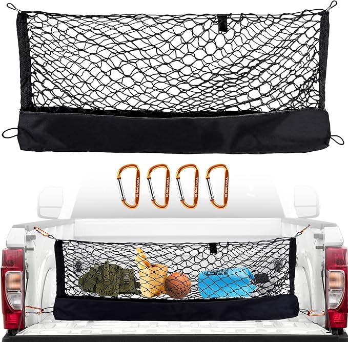 Highly Elastic Truck Bed Cargo Net Compatible with 2015-2025 Ford F150 and Fits 2019-2025 Dodge Ram 1500, Truck Cargo Net for F150/Ram 1500 Accessories, Upgraded Storage Bag & Heavy Duty Carabiners