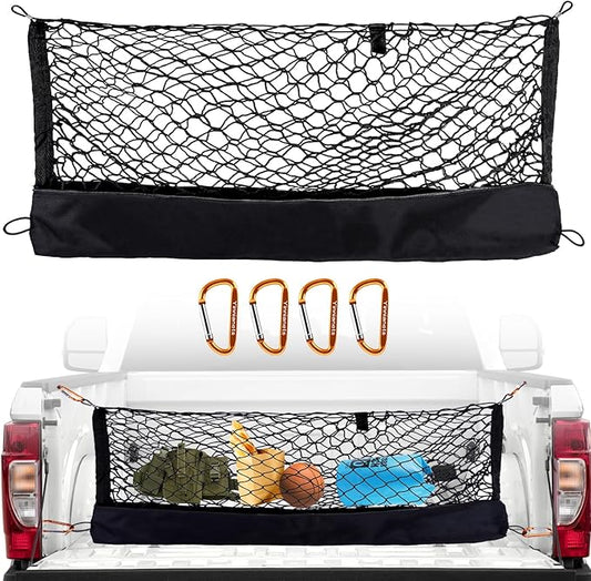 Highly Elastic Truck Bed Cargo Net Compatible with 2015-2025 Ford F150 and Fits 2019-2025 Dodge Ram 1500, Truck Cargo Net for F150/Ram 1500 Accessories, Upgraded Storage Bag & Heavy Duty Carabiners