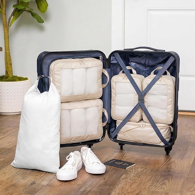 G-FORCE 3PC Compression Mesh Mid-Rectangular Packing Cube Set Stone Color | Space Saver Travel Organizer | Luggage Compression Cubes