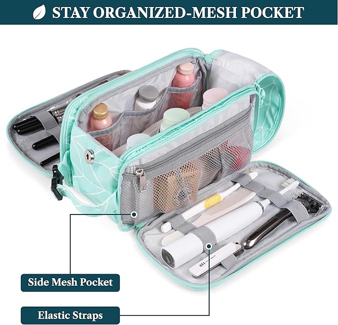 PAVILIA Toiletry Bag for Men Women, Hanging Travel Dopp Kit Organizer, PU Leather Water-Resistant Bathroom Bag for Shaving Grooming, Large Capacity Cosmetic Bag Travel Essentials, Teal Chevron
