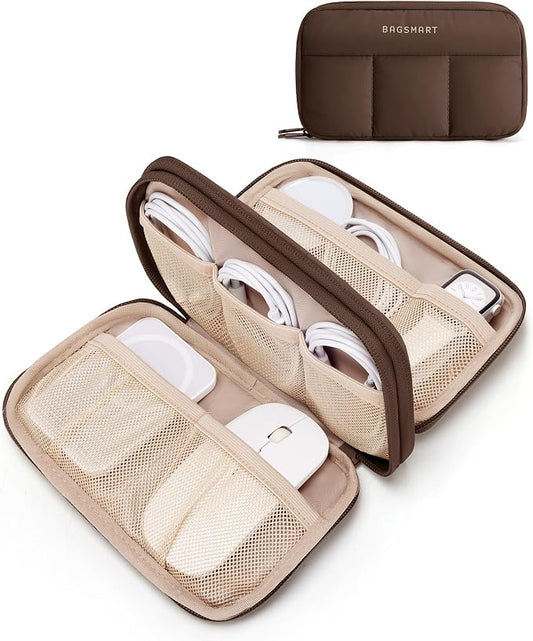 BAGSMART Electronics Organizer Travel Case, Cord Storage for Chargers Cables Phones, Compact Tech Accessories Pouch, Coffee