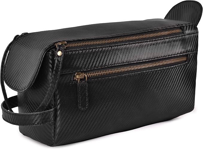 LEATHER VILLAGE Genuine Carbon Fiber Genuine Leather Travel Toiletry Bag - Large Dopp Kit, Water-Resistance Bathroom & Shaving Organizer for Men & Women - Black