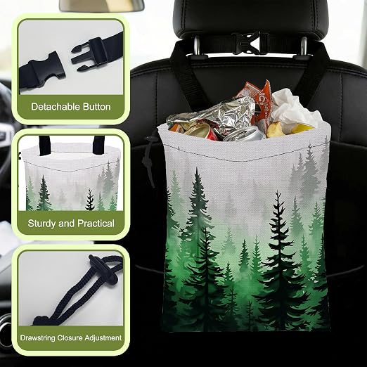 Car Trash Bag Misty Green Pine Forest Leak-Proof Waterproof Car Garbage Bag with Drawstring Foldable Canvas Trash Bin with Adjustable Buckle for Car Accessories