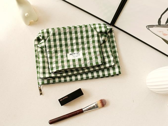 HAPPYHEIDI Nylon Checker Makeup Bag Set 3 with Compartment Cosmetic Toiletry Travel Pouch,Purse Accessory Organizer, 3-Size, Beige Green Plaid, Canvas Lined