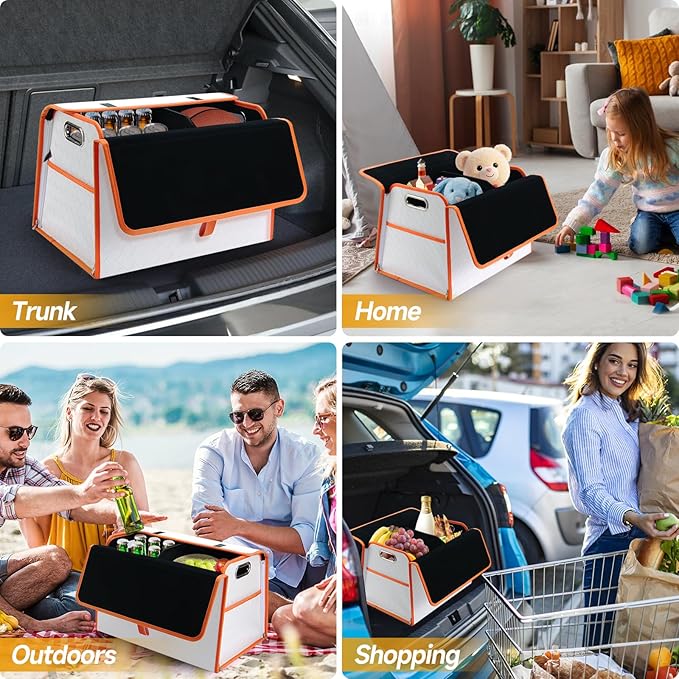 Homeve Trunk Organizer, Waterproof, Collapsible, 2 Compartments Car Organizer, Foldable Storage for Car Accessories, Tools, Women, Men (White+Orange, Standard)