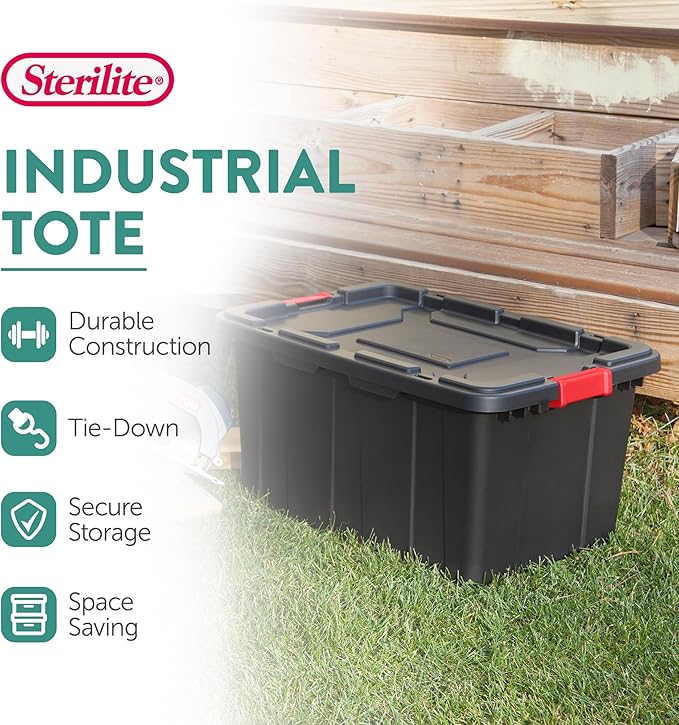 Sterilite 4-Pack Industrial Tote, Plastic Storage Bins with Lids, 27 Gallon, Black - Heavy-Duty Organizing Containers for Closet, Bathroom, and Office