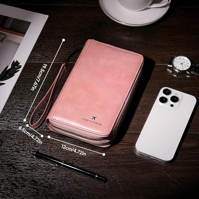 GOIACII Passport Wallet Travel Crossbody Bags for Women Wristlet Phone Purse Double Zip Vegan Leather Pink