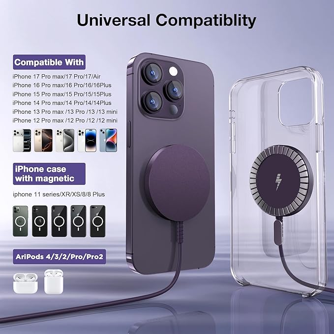 Magnetic Wireless Charger for iPhone: Compatible with Magsafe Charger iPhone 17 16 15 14 13 12 Series & Airpods 4 3 2 Pro-Fast 15W Max Charging Pad Strong Magnet, Dual USB-C/A Ports-Home Office Travel
