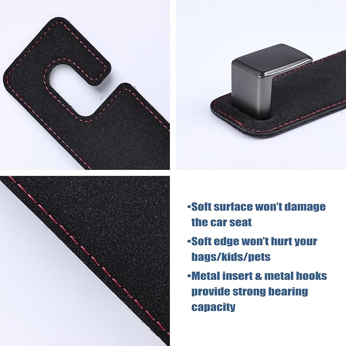 Amooca Car Seat Back Hook Universal Auto Storage Hanger Suede with Metal Car Seat Organizer for Handbag Purse Coat Umbrellas Grocery Bags 2 Pack Black