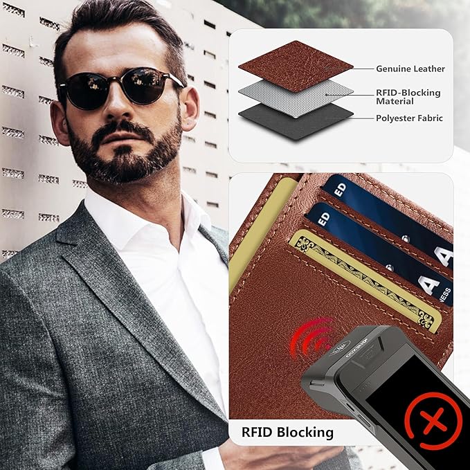 Travelambo 100% Genuine Leather Wallet for Men and Women, Slim Minimalist RFID Blocking Front Pocket Credit Card Holder with Gift Box(Brick Brown)