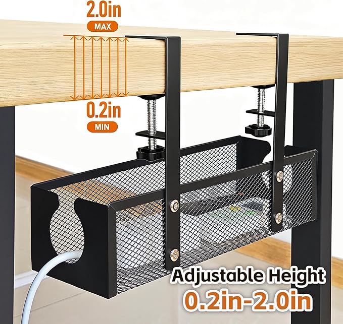 Under Desk Cable Management Tray – No Drill Metal Mesh Cord Organizer for Home Office & Standing, Adjustable Wire Organizer, Space-Saving Desk Tray (Black)