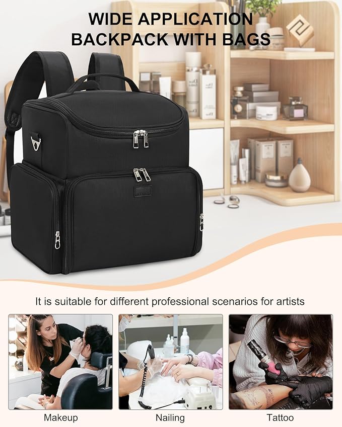 Relavel Tattoo Backpack with 4 Removable Pouches, Tattoo Travel Case with 3 Detachable Dividers, Waterproof Tattoo Carrying Case for Stencil Printer, Equipment and Supplies - Black