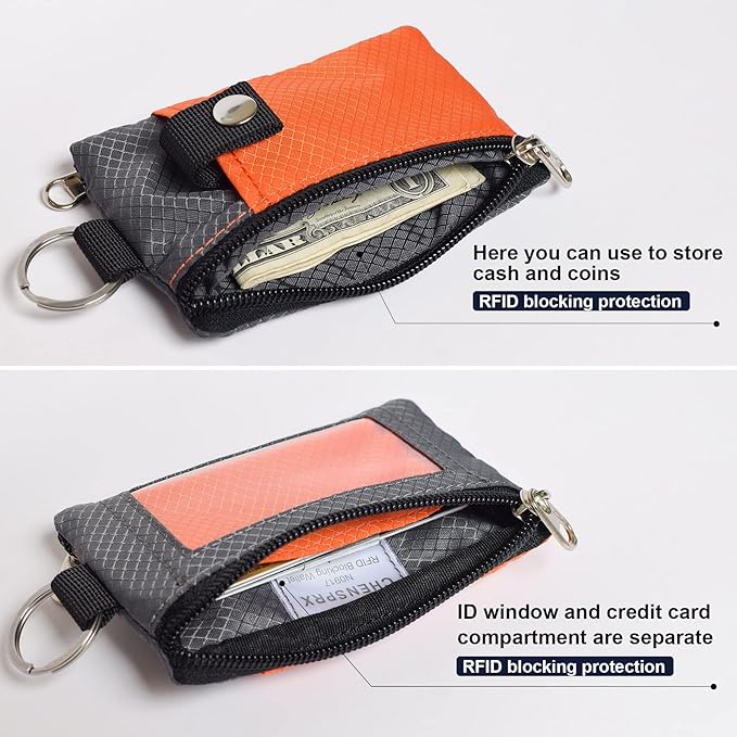 CHENSPRX Minimalist RFID Blocking Small Wallet with ID Window,WaterResistant Zip Id Case Wallet with Lanyard Keychain for Cards,Cash,Travel,Women,Men