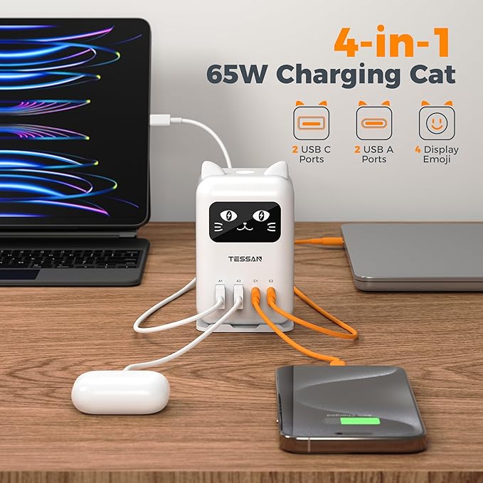 USB C Charger Block PD 65W, TESSAN Charging Station for Multiple Devices, Desktop Tower Charger with 4 USB Ports for iPhone 17/16/15, MacBook, Tablet, Office Home Dormroom