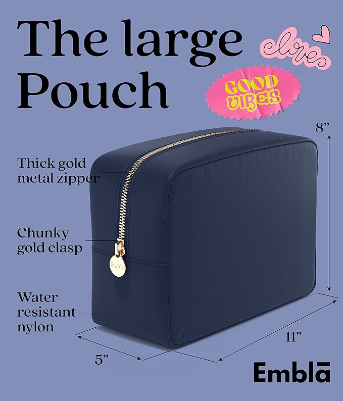 Embla Large Makeup Bag and Waterproof Nylon Travel Toiletry Bag, Large Capacity Cosmetic Zipper Pouch, Navy Blue