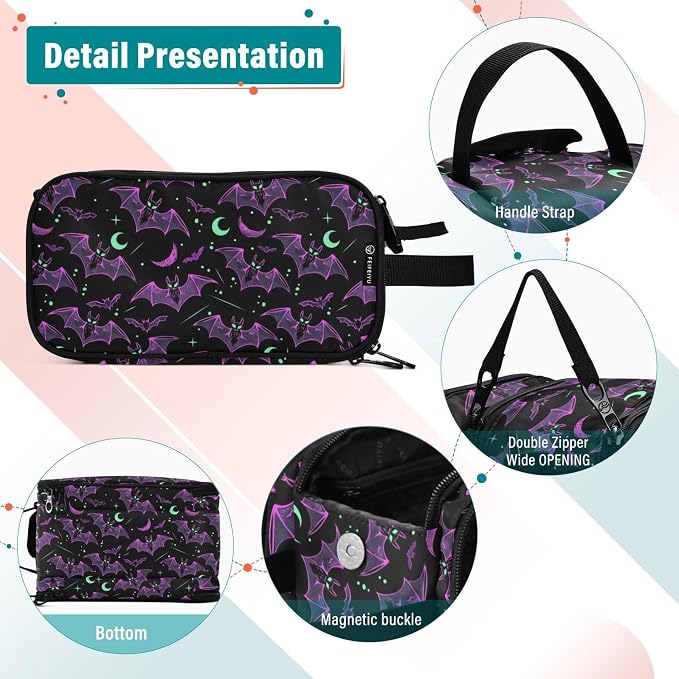 MNSRUU Large Capacity Makeup Bag, Neon Purple and Bats Stars and Moons Cosmetic Bag Portable Toiletries Pouch with Compartments Makeup Organizer Case for Travel Women