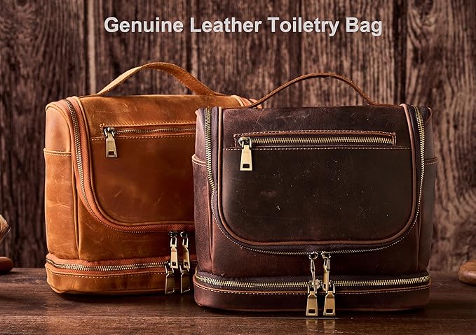 EURYNOME Travel Toiletry Bag For Men, Genuine Leather Shaving Dopp Kit Bottom Storage Holds More (11x8.6x4.7)-Mens Toiletry Bag -Leather Makeup Cosmetic Organizer Kit - Men Travel Toiletries Bag
