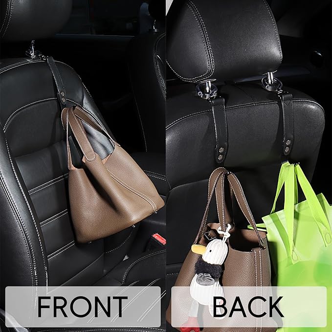 Car Hooks,Car Purse Hook,Car Headrest Hook 2 Pack Leather Headrest Hooks for car Accessories,SUS304 Car Bag Hooks(Black)