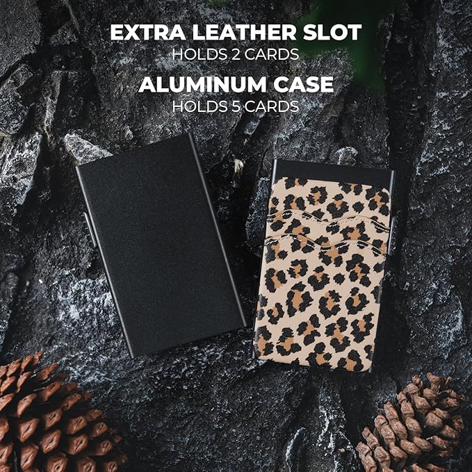 VULKIT Credit Card Holder Minimalist Slim Pop Up Wallet with Leather Slots RFID Blocking for Men and Women Holds 7 Cards and Notes Leopard Chic