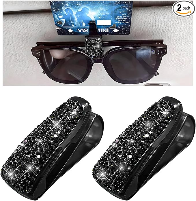 Dickno 2 PCS Bling Sunglasses Holder for Car Sun Visor, Crystal Rhinestones Eyeglasses Hanger Mount with Ticket Card Clip, Universal Vehicle Visor Decor Accessories for Women (Black)