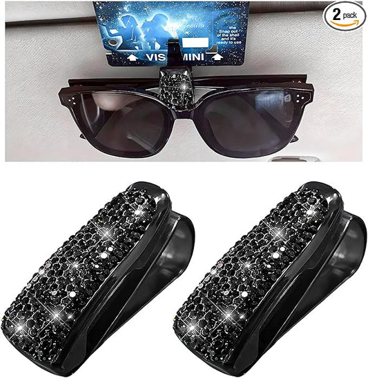 Dickno 2 PCS Bling Sunglasses Holder for Car Sun Visor, Crystal Rhinestones Eyeglasses Hanger Mount with Ticket Card Clip, Universal Vehicle Visor Decor Accessories for Women (Black)