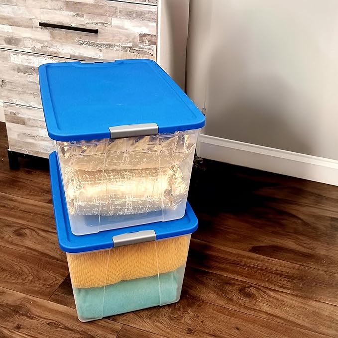 HOMZ 4-Pack Secure Latch, Clear Plastic Storage Organizer Bins, 64 Quart, Blue Lid - Stackable Container Boxes for Bedroom, Bathroom, Garage, and Office Organization