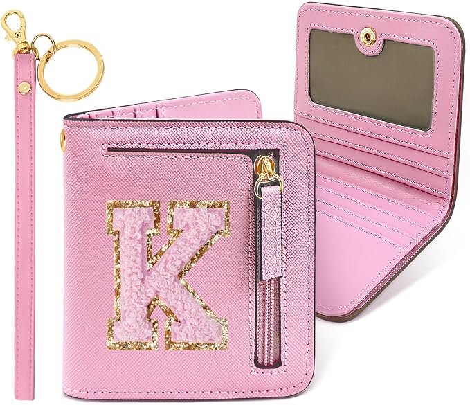 COSHAYSOO Unique Christmas Stocking Easter Basket Stuffer Gifts for Daughter Granddaughter Niece from Mom Grandma Auntie Small Wallet RFID Bifold Initial Chenille Letter K Pink