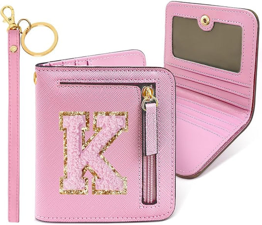 COSHAYSOO Unique Christmas Stocking Easter Basket Stuffer Gifts for Daughter Granddaughter Niece from Mom Grandma Auntie Small Wallet RFID Bifold Initial Chenille Letter K Pink