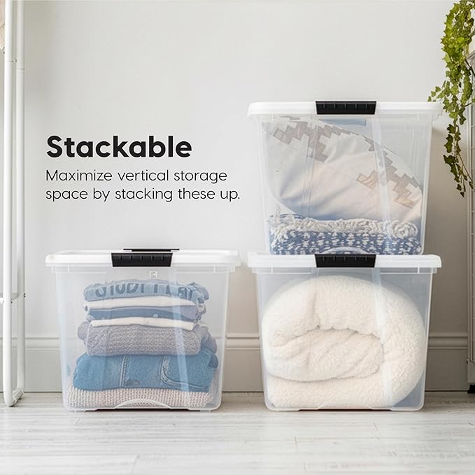 IRIS USA 72 Qt Stackable Plastic Storage Bins with Lids, 4 Pack - BPA-Free, Made in USA - See-Through Organizing Solution, Latches, Durable Nestable Containers, Secure Pull Handle - Clear/White