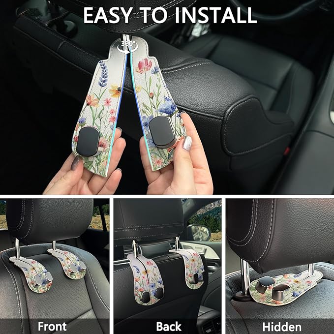 Blusabaca 2PCS Car Seat Back Storage Headrest Hooks, Floral Flowers Purse Holder Bags Hanger, PU Leather Double Metal Hook for Backseat Organizer, Women Car Accessories Organization