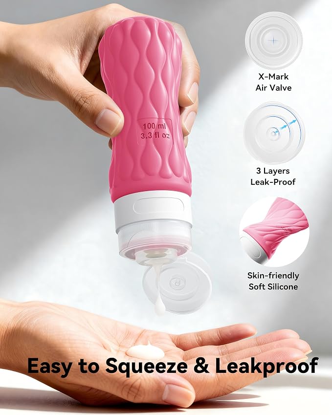 Silicone Travel Bottles for Toiletries 8 Pack Travel Size Toiletries 3.4 oz 1.7 oz, Leakproof Squeeze Travel Size Containers Refillable Cosmetic Jars Set for Shampoo, Conditioner, Creams