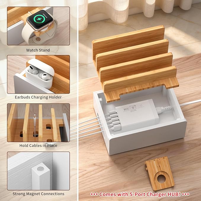 Pezin & Hulin Bamboo Charging Station for Multiple Devices with 5 Port USB Charger,5Cables,Smart Watch&Earbuds Stand, Desk Docking Stations Electronic Organizer for Cell Phone, Tablet (Natural+White)
