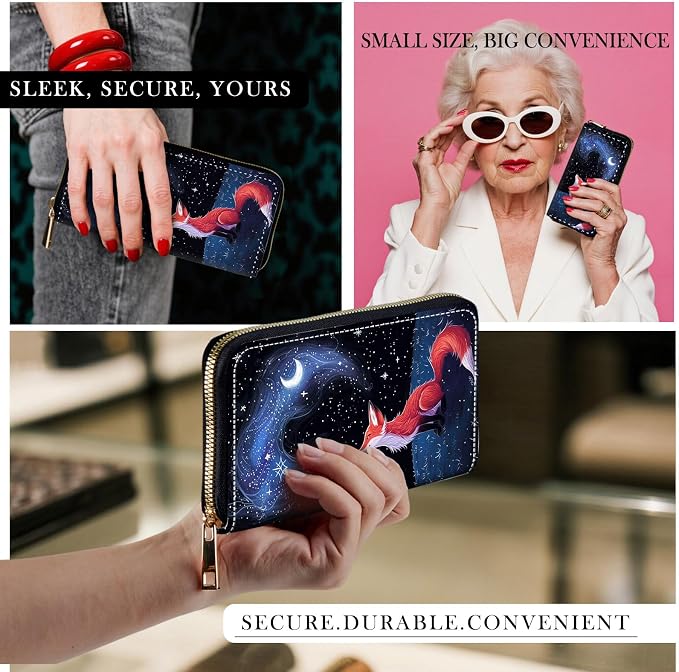 RFID-Blocking Zip Around Wallets for Women with Detachable Wrist Strap,Large Capacity Phone Holder with Card Organizer & Coin Pocket,Fox Moon Starry Sky