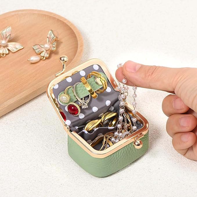 Zivyes Mini Jewelry Box Travel Small Coin Purse Organizer Case Genuine Leather Tiny Size (Green)