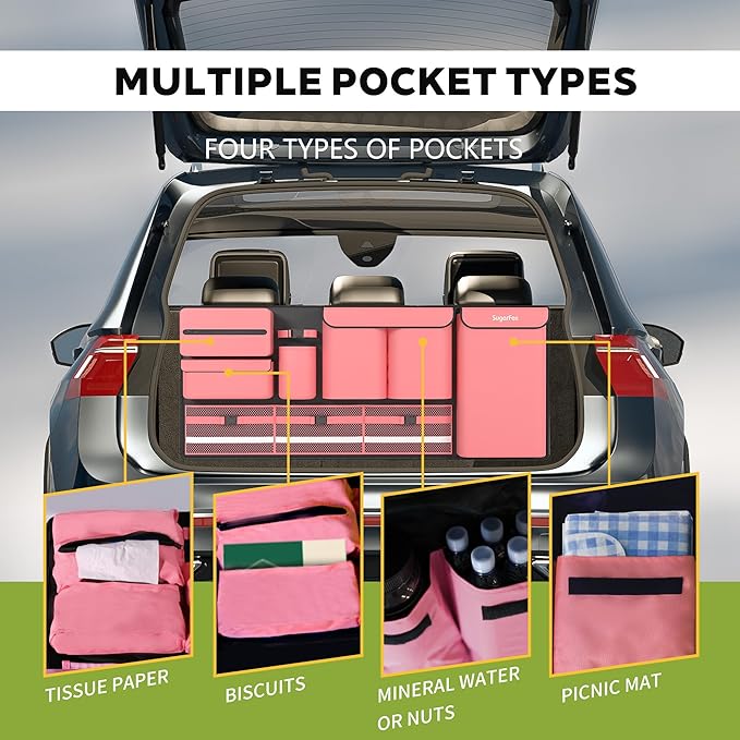 SugarFox Backseat Hanging Trunk Organizer for SUVs, Cars, Trucks & MPVs | Multi-Pocket Storage with Anti-Slip Straps | Space-Saving Auto Accessory | Gift for Men & Women | Pink, 37.8" x 18.1" - K230