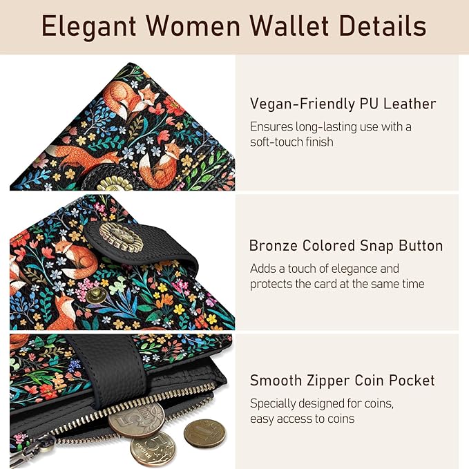 Kelvoris Cute Floral Fox Flowers Boho Small Rfid Women Wallet Bifold Zipper Coin Pocket PU Leather Compact Cash Credit Card Holder Travel Wallet for Female Ladies Teen Girls 1 ID Window 10 Card Slots