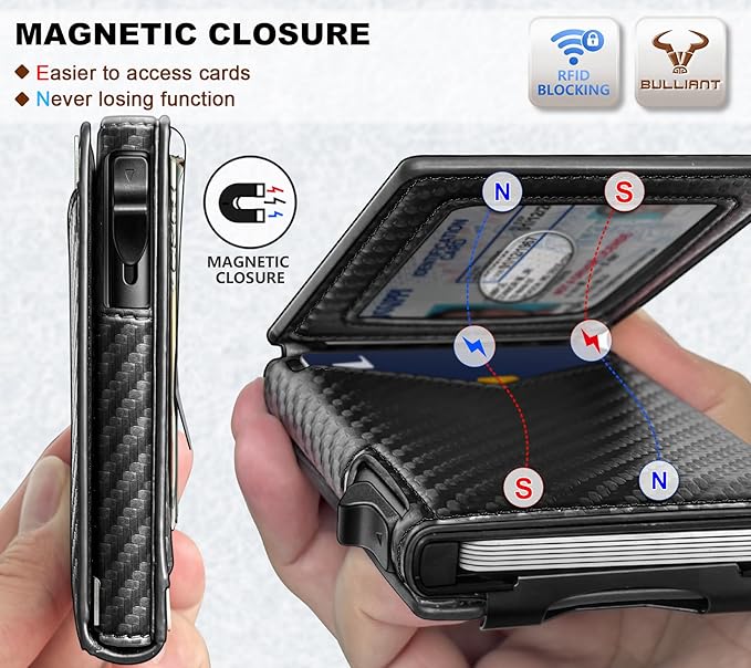BULLIANT Men Wallet,Magnetic Metal Wallet Money Clip 9Cards Pop-up Access RFID Blocking