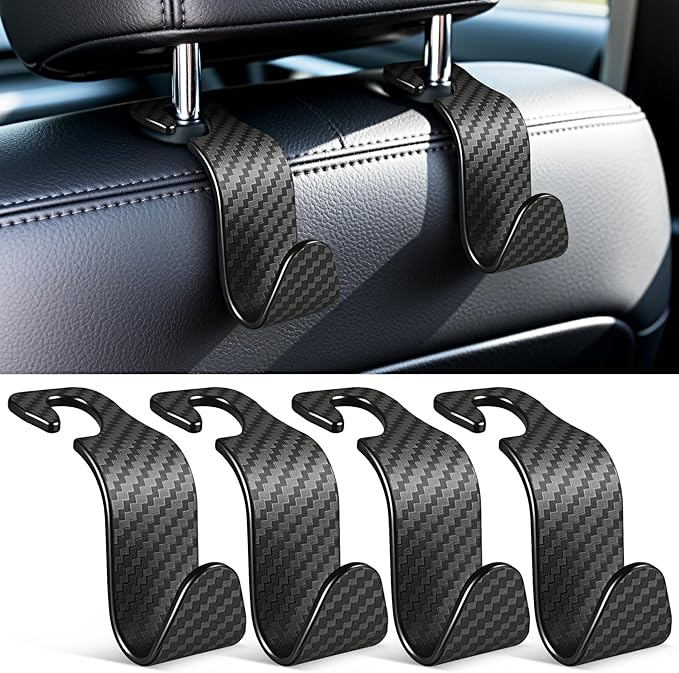 SINGARO Universal 4 Pack Car Seat Headrest Purse Hook, Carbon Fiber Back Seat Hook Storage Organizer Hanger for Purse Handbag Coat, Car Interior Accessories(Black)