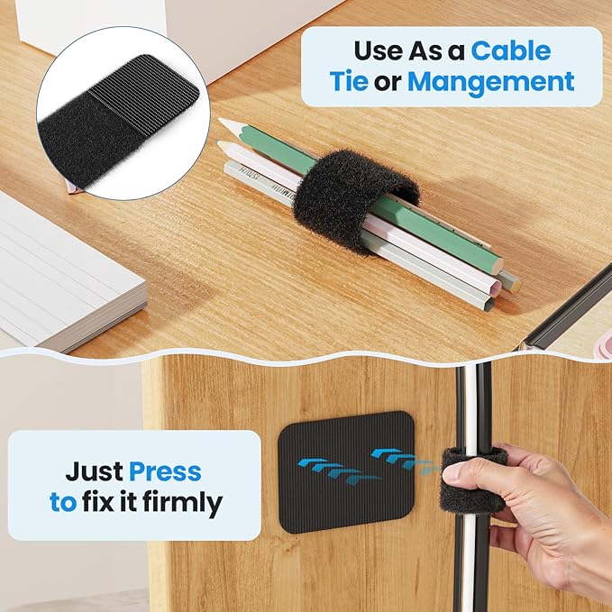Under Desk Cable Management, 【Holds 15 Cables】【Ultra Adhesion】 Hook and Loop Cable Strap, Adjustable Long Cable Tie, Reusable Cable Clip Hiding, 20 Pairs