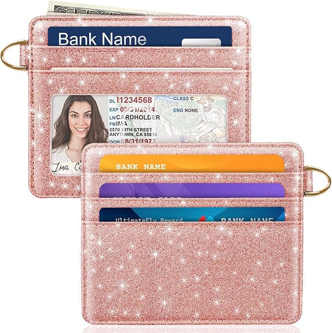 Slim Minimalist Front Pocket RFID Blocking Credit Card Holder Small Wallet Cute Card Cases for Women,Glitter Rose Gold