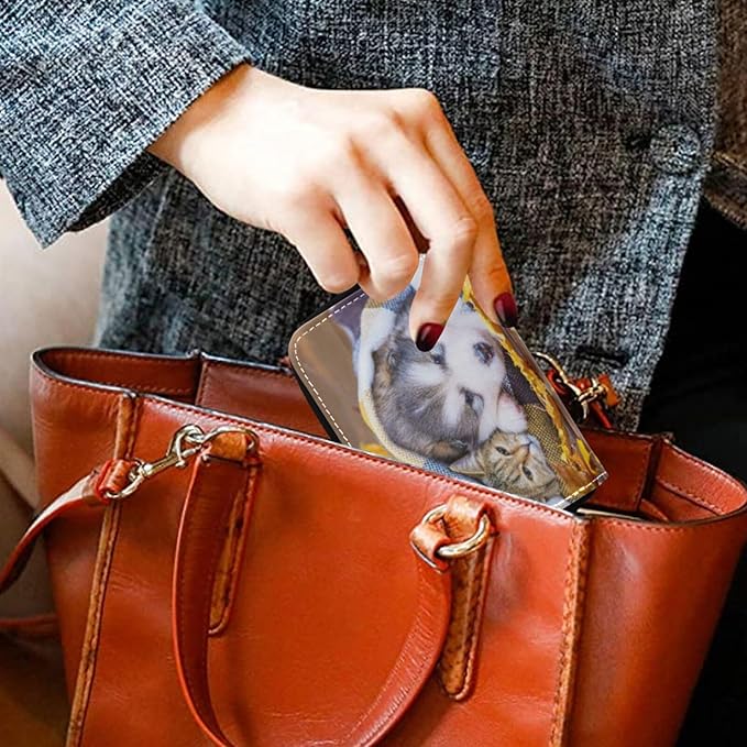 Cute Siberian Husky Cat RFID Credit Card Holder Wallets Accordion for Women Leather Zipper Card Case Accordion Wallet for Ladies Girls