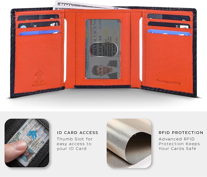 Tri fold Leather Wallet for Men with RFID | Slim Wallets for Men with 1 ID and 6 Credit card slots | Front Pocket Minimalist