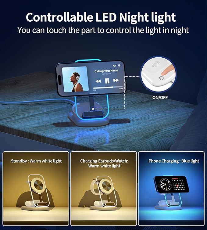 3 in 1 Magnetic Wireless Charging Station for Apple Devices, Fast Foldable Travel Mag-Safe Charger Stand with Night Light for iPhone 17 16 15 14 13 12 Series, Apple Watch/AirPods Pro-Gift for Lovers