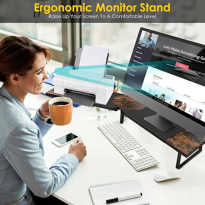 Dual-Monitor Stand for Desk - Large Adjustable Length and Angle Riser for 2 Monitors, Double Computer Desktop Organizer, Shelf for TV, Laptop, Printer