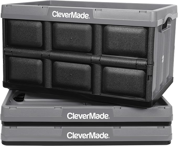 CleverMade Collapsible Storage Bins 46L (3-Pack) – Heavy Duty Collapsible Plastic Storage Bins, Stackable Folding Storage Bins for Car, Garage, Home Organization - Foldable Bins, Stone