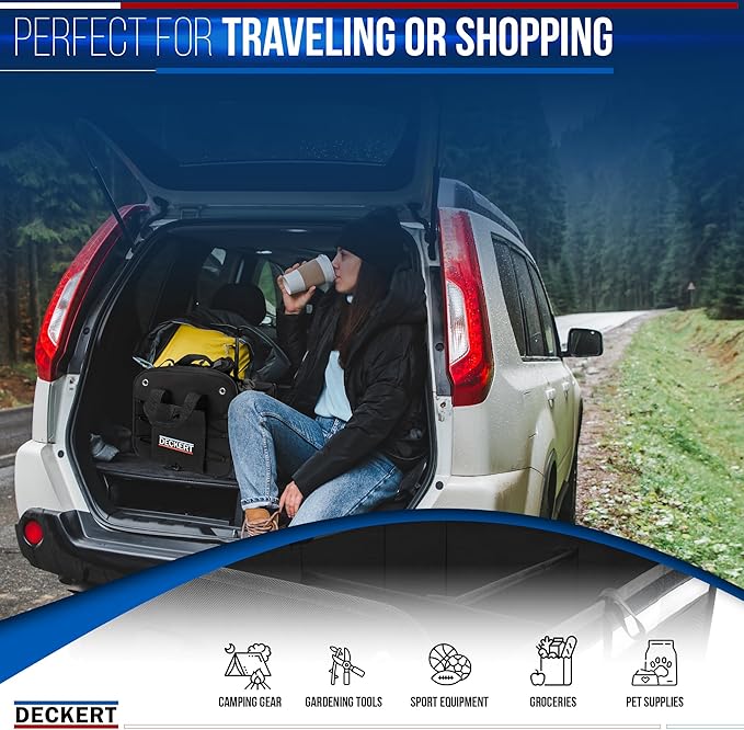 Deckert Car SUV Trunk Organizer, 600D Oxford Polyester, Collapsible, Multi compartments, Securing straps, Suitable for any car type, Black with Reflective Stripes