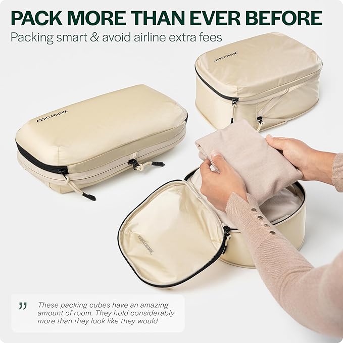 Aerotrunk Ultralight Compression Packing Cubes - Lightweight Travel Organizers for Suitcases and Luggage (6-Pack, Beige)