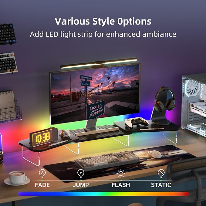 AFOOYO LED Dual Monitor Stand Riser for 2 Monitors,Office Desktop Wooden Stand Adjustable Length and Angle 3 Shelf,Extra Long Multifunctional Stand up to 39.3" for Computer,Laptop,TV,Black