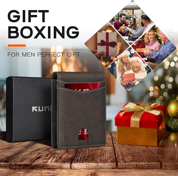 RUNBOX Wallet for Men Slim Leather Bifold RFID Blocking Minimalist Front Pocket Design with Gift Box